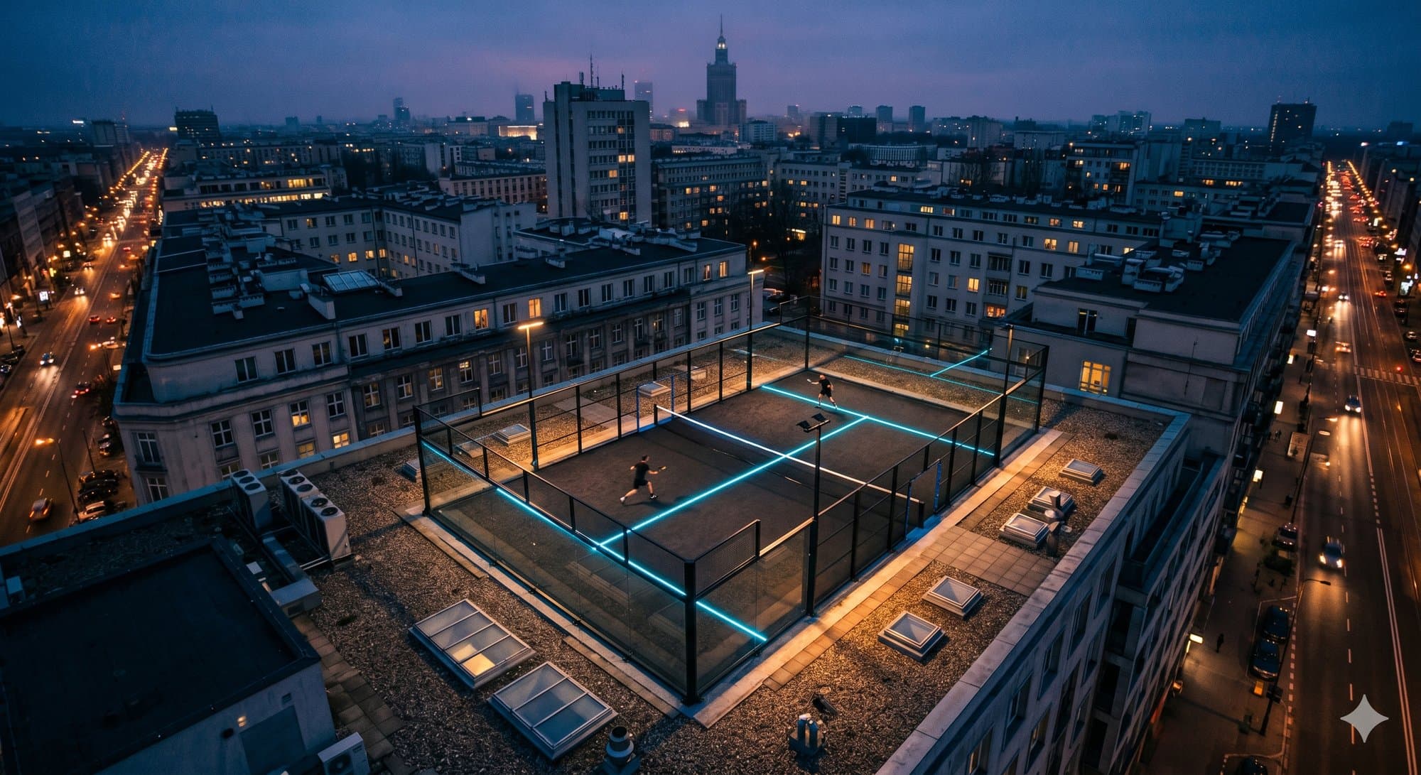Aerial view of a lit rooftop padel court at dusk with two players mid-match