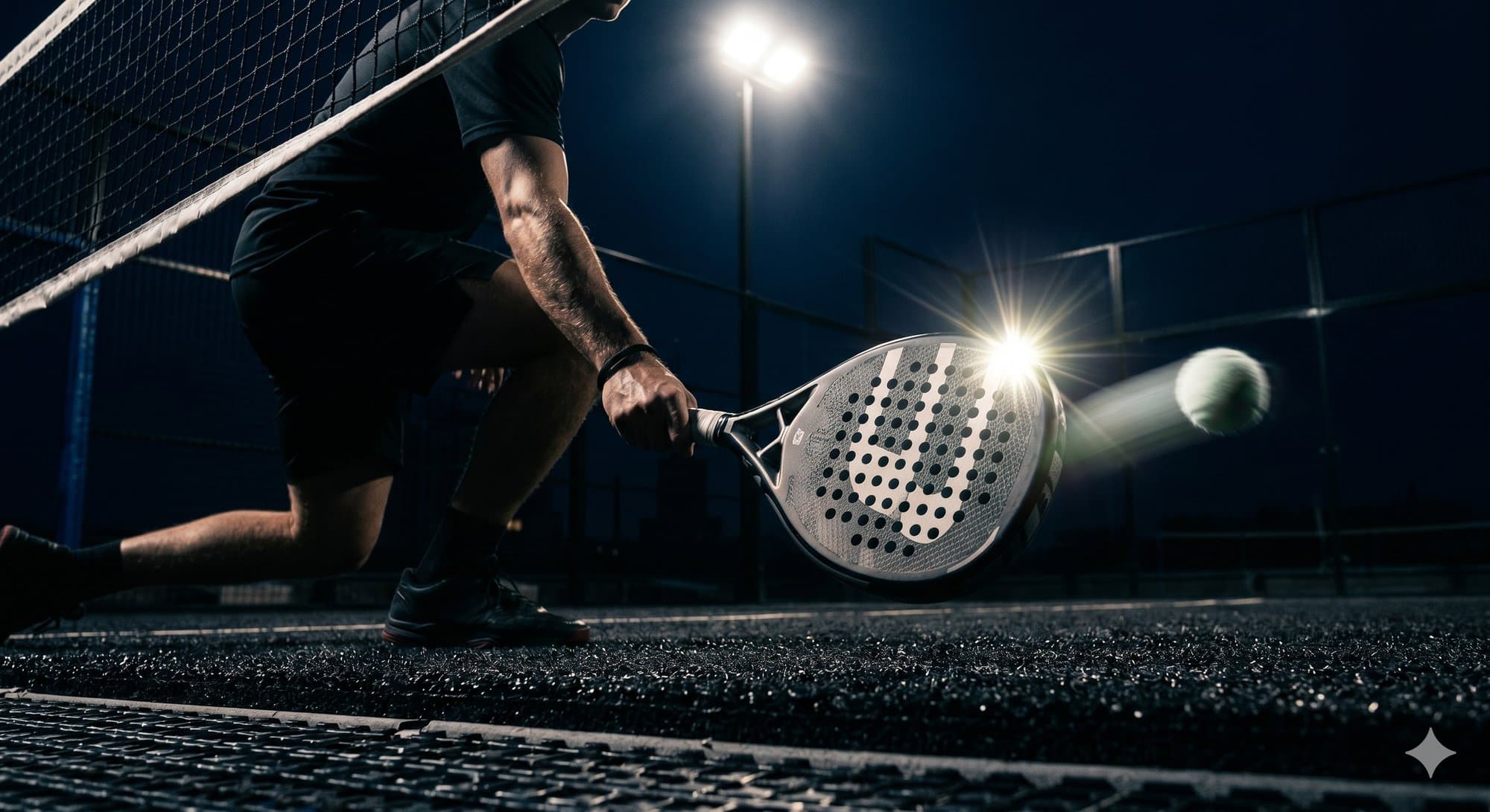 Player striking a padel shot at the net under floodlights at night